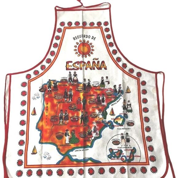 Vintage Full Apron Espana Map Of Spain White Red - Picture 1 of 3